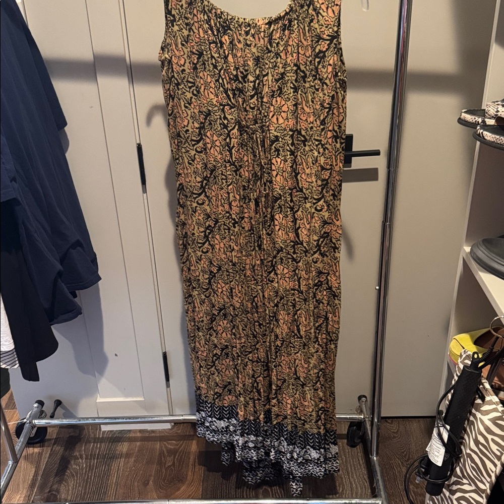 Free People Black and Orange Floral Maxi Dress Very Flowy Side Slit on One Side